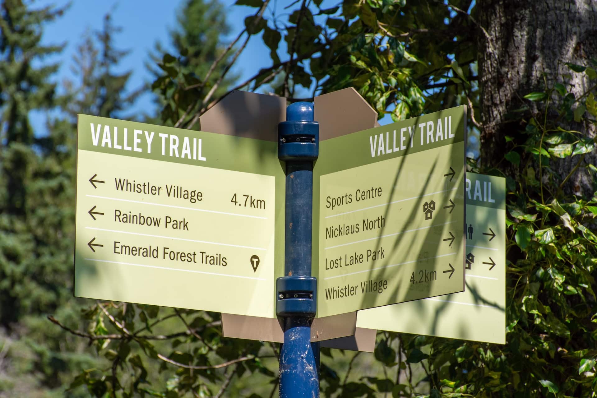 Valley Trail Crossroad Sign in Whistler, British Columbia,